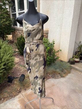Camo Slip Midi Dress with Tie Waist